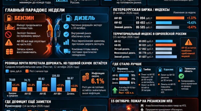 Хроники топливного кризиса в России: 8–15 октября 2026 года. Рязанский НПЗ снова атакован, Россия оставляет импорт бензина